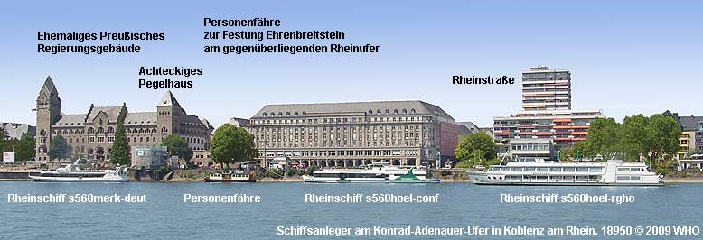 Schiffsanleger am Konrad-Adenauer-Ufer in Koblenz am Rhein.